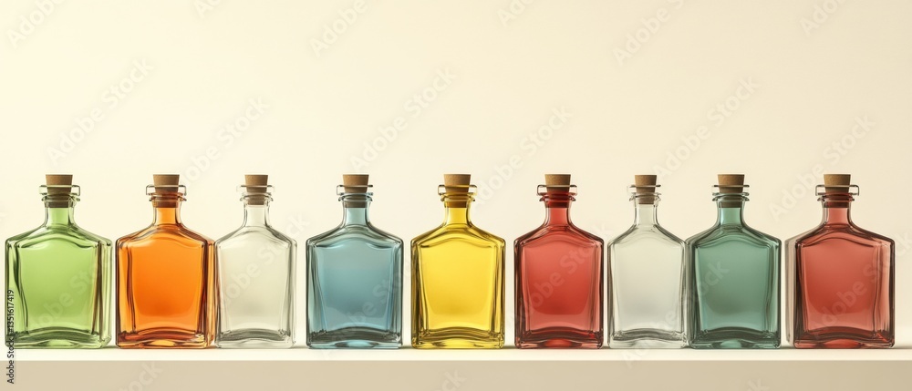 Aufkleber colorful glass bottles with cork stoppers displayed on a shelf in a minimalistic setting