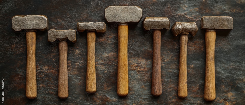 Poster collection of various hammers on rustic background showcasing different sizes and styles for tools a