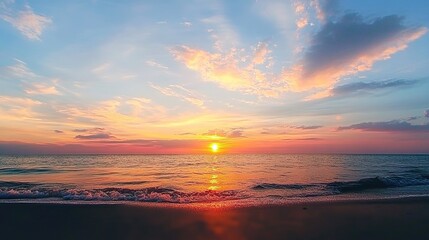 Naklejka premium Breathtaking Sunset Over Ocean with Vibrant Orange and Pink Sky, Intricate Cloud Patterns Resembling Rainbows, Captured with Ultra-Wide Lens and High-Resolution Camera