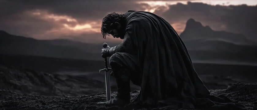 Medieval warrior kneeling before sword stuck in ground surrounded by glowing fire and dark clouds

