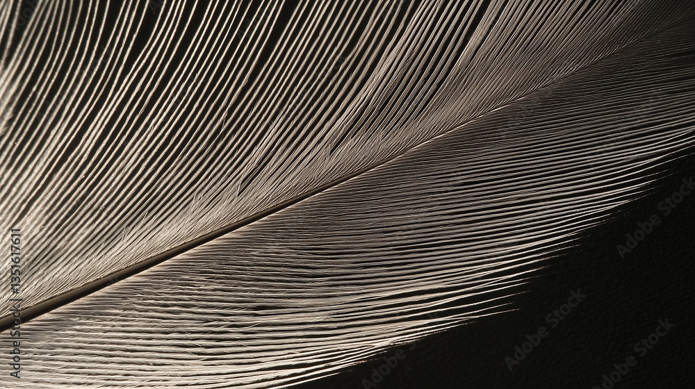 Poster detailed image of feather showcasing intricate texture and delicate structure, highlighting fine lines and natural patterns. close up view emphasizes feather elegance