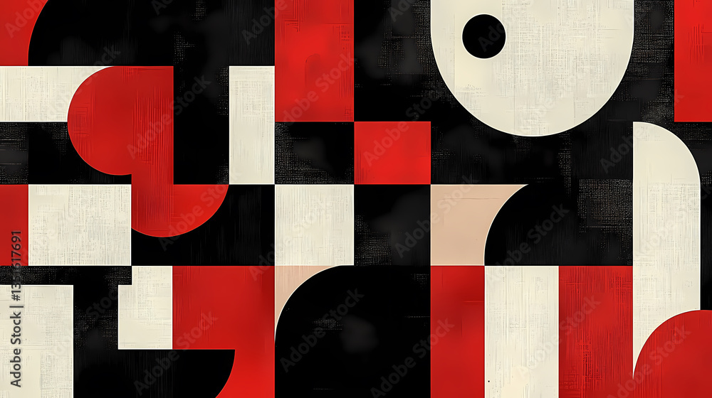 Poster Red, black, and white geometric abstract pattern with sharp lines and shapes