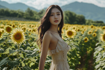 woman in lace dress stands gracefully in vibrant sunflower field, with mountains in background. scene captures serene and sunny summer day, evoking sense of tranquility