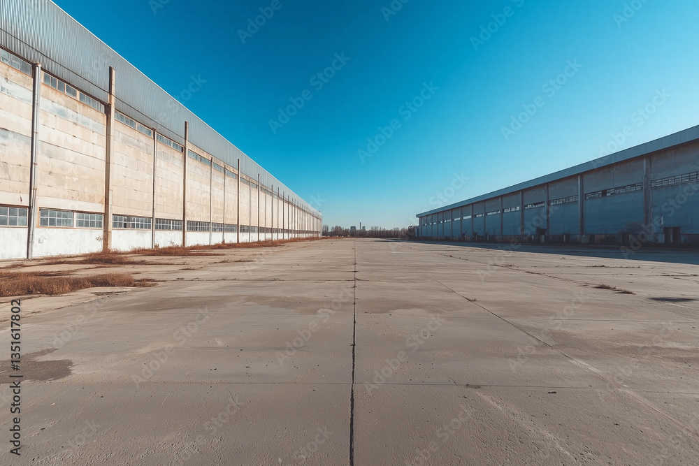 Aufkleber vast, empty industrial space with two large warehouse buildings on either side under clear blue sky,