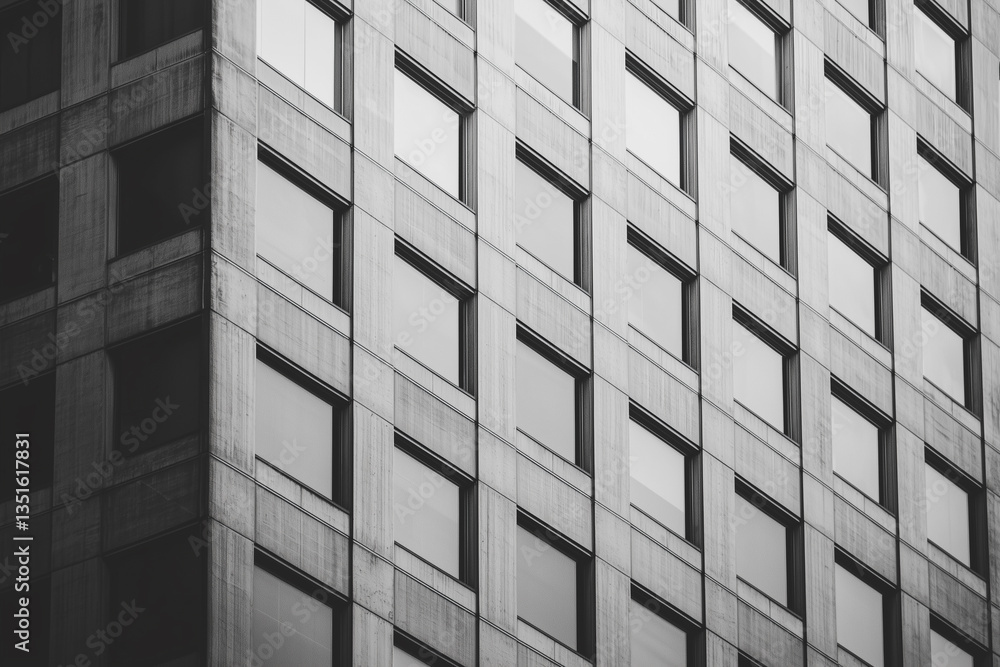 Aufkleber black and white photo captures modern high rise building with grid of windows, showcasing its geomet