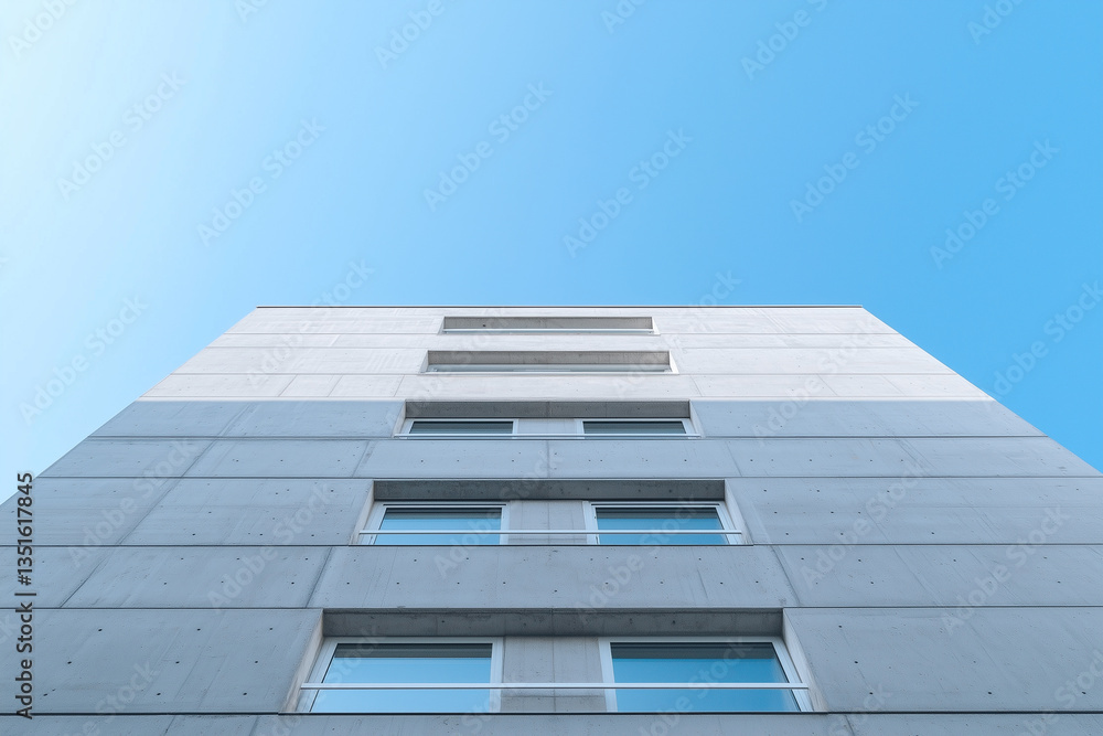 Poster modern, minimalist building with concrete facade is captured from low angle against clear blue sky, 