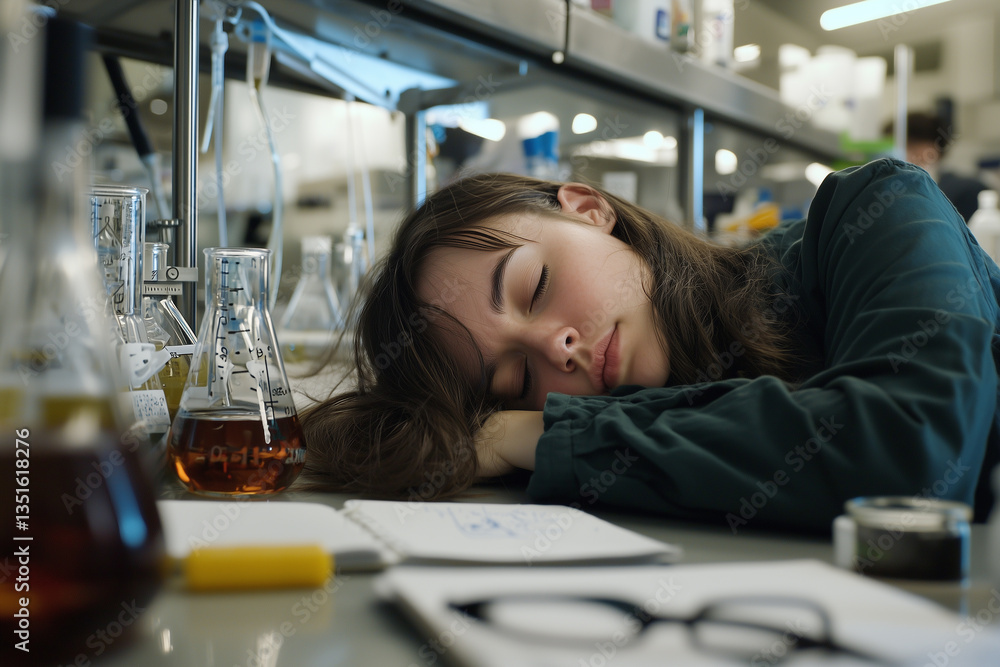 Poster woman scientist is asleep at laboratory desk, surrounded by flasks and notes, indicating exhaustion 