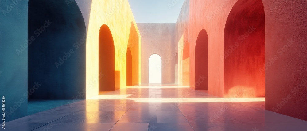 Aufkleber colorful architectural hallway with arches and light play in a minimalistic setting evoking calmness