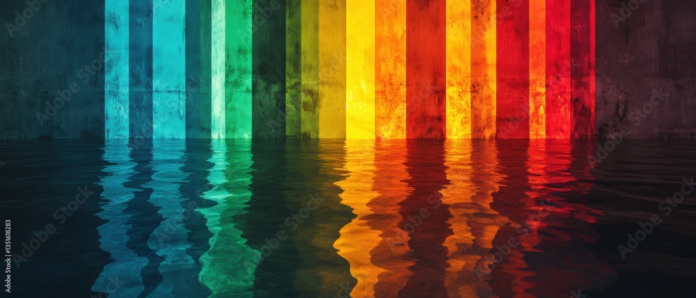 Poster colorful vertical stripes on wet surface with reflection creating a vibrant abstract art scene in mu