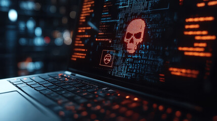 Ransomware alert on a laptop screen shows countdown timer and encrypted icons in an intense cybercrime environment