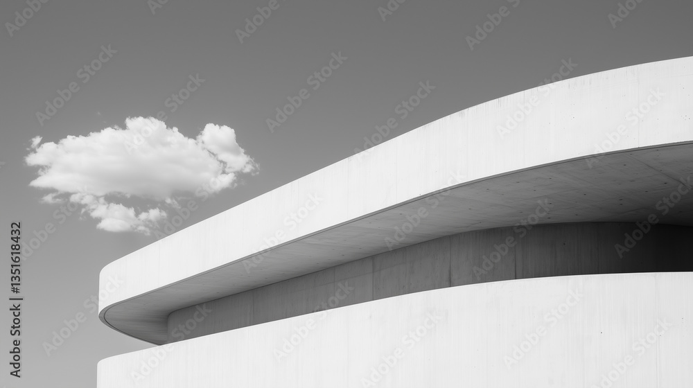 Poster minimalistic architectural structure with smooth curves is set against clear sky, featuring single fluffy cloud. modern design evokes sense of calm and simplicity