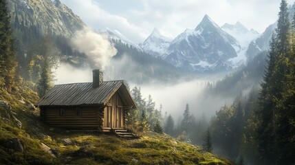 A small wooden cabin with smoke rising from the chimney in a mountain setting.