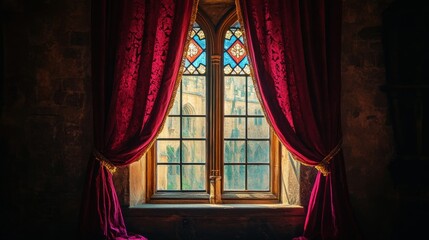 Medieval window with stained glass and crimson curtains