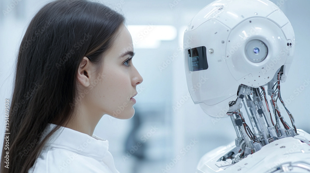 Poster woman faces humanoid robot in futuristic setting, highlighting interaction between humans and techno