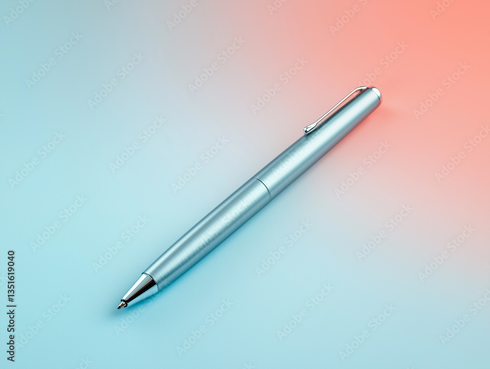 Poster sleek silver pen lies diagonally on gradient background transitioning from blue to coral, creating m