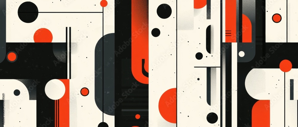Poster abstract geometric patterns in red, black, and white tones creating a modern artistic composition su