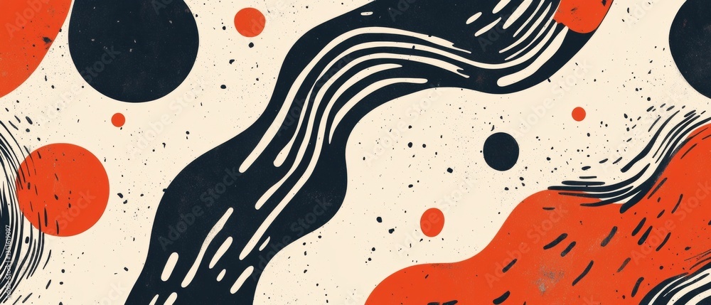 Poster abstract composition featuring curved lines and bold circles in a modern artistic style with warm an