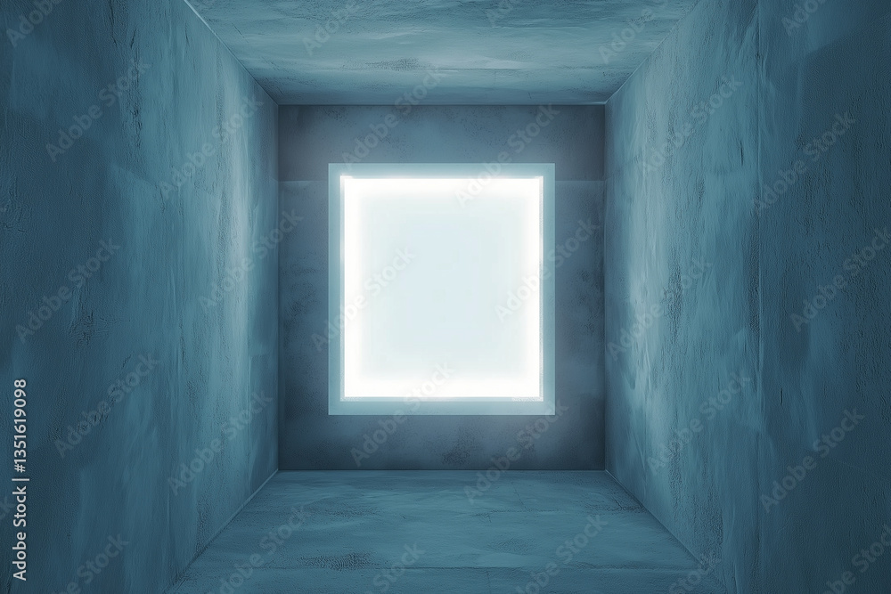 Poster minimalist room with glowing square light on ceiling creates serene and futuristic atmosphere. walls