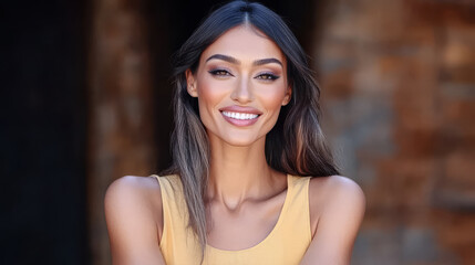 Naklejka premium Woman smiling confidently in a sunny outdoor setting with a rustic background