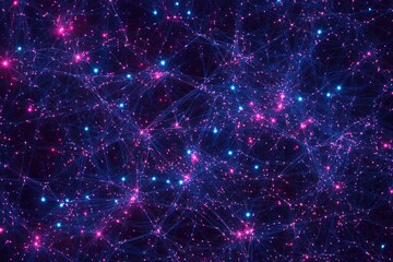 Abstract Neural Network Pink & Blue Glowing Nodes, Complex Web, Data Visualization
