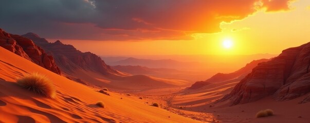 Naklejka premium Sun-baked desert hills stretch endlessly under a harsh sky , arid, horizon