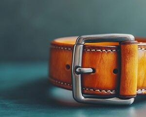 A close up shot of a brown leather belt and buckle