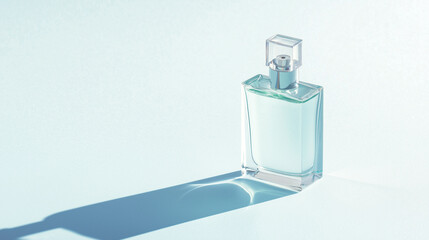 transparent perfume bottle with sleek design casts soft shadow on textured surface, creating minimalist and elegant aesthetic. light blue hue adds refreshing touch