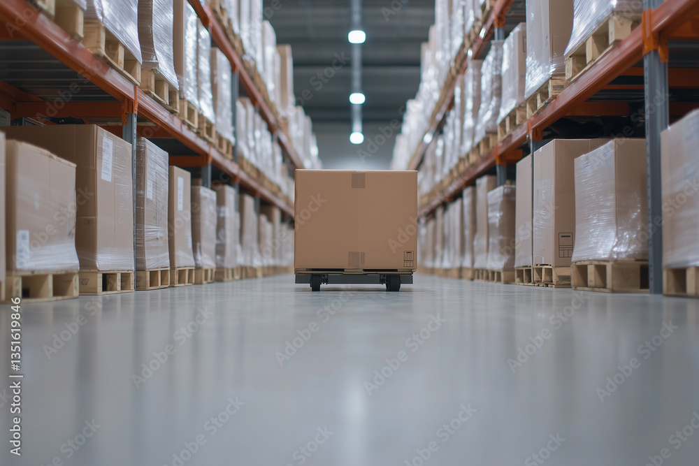 Aufkleber large cardboard box sits on pallet in center of spacious warehouse aisle, surrounded by shelves fill