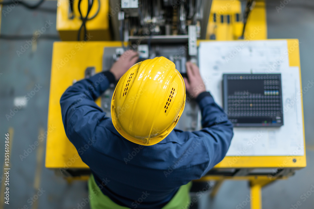 Poster worker wearing yellow hard hat operates machinery in industrial setting, viewed from high angle. sce