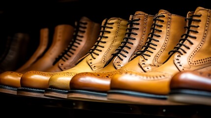 Several pairs of brown leather boots arranged in a row
