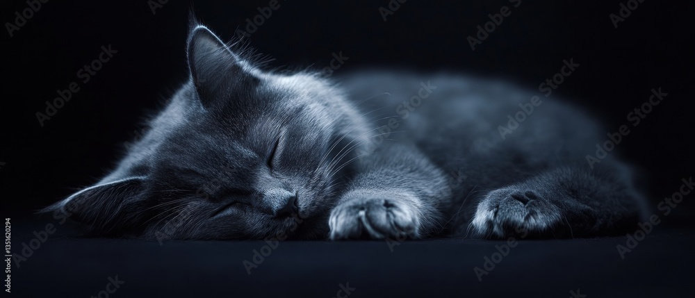 Poster tranquil gray cat sleeping peacefully in dim light with soft shadows and serenity exuding from its c