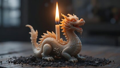 Intricate Dragon Figurine Holding a Lit Candle on a Textured Surface Displaying Warm Light and Shadow Play Creating a Mystical Ambiance with Detailed Scales and Fiery Glow