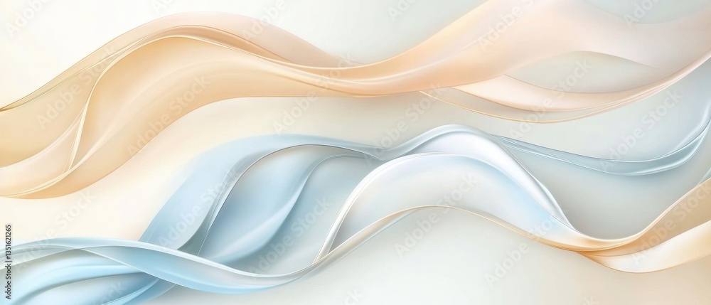 Poster soft flowing ribbons on light background with gentle hues of beige, white, and blue creating an eleg