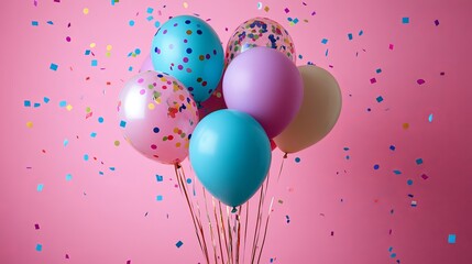 A Playful and Colorful Birthday Arrangement with Balloons, Confetti, and Festive Party Decor