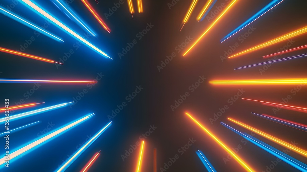 Poster the image contains a dark background with bright blue and orange neon lines radiating outward from t