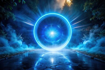 Obraz premium A surreal blue light, a circular glow, embodies mystical energy in abstract, fantasy photography.