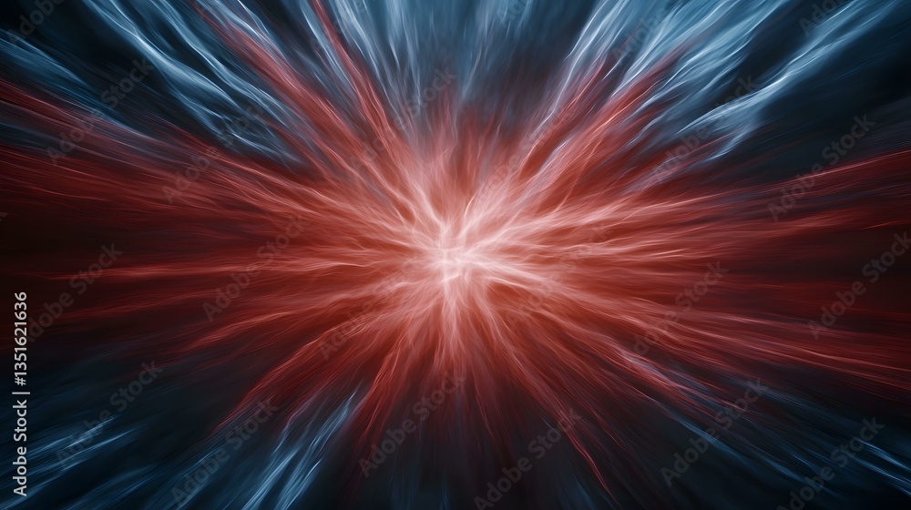 Poster the image contains an abstract burst of light, predominantly red and blue, radiating outwards from a
