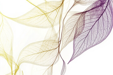  An elegant abstract design featuring beautifully colored leaves scattered across a clean white background, perfect for adding a touch of nature and creativity to any project