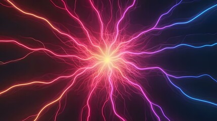 The image shows a vibrant, abstract depiction of energy radiating outwards from a central point.  Glowing lines in shades of pink, purple, and blue emanate in a starburst pattern against a dark backg