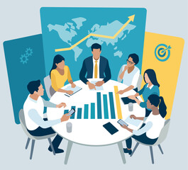 Meeting. The team is sitting around the table, planning a goal and business strategy.  Vector illustration.