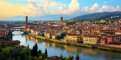 Fototapeta premium Florence Italy Cityscape at Sunset with Ponte Vecchio over Arno River