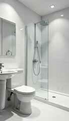 Clean white bathroom corner sink toilet shower, clean, shower, minimal