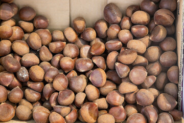 A close-up view of a box filled with fresh, unpeeled chestnuts, showcasing their rich brown shells and natural texture.