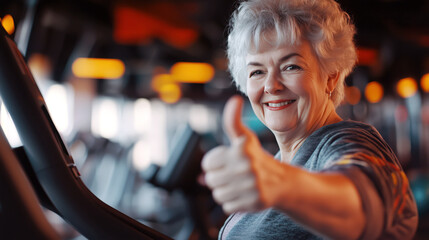 Senior woman giving thumbs up at gym. Happy elderly woman gesturing thumbs up at fitness center. People and healthy lifestyle concept.