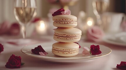 Fototapeta premium Elegant macarons stacked on a plate, adorned with rose petals, set against a romantic dinner setting