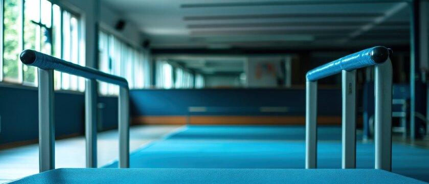 Empty Gym Space Featuring Blue Mats and Parallel Bars Set Against a Brightly Lit Indoor Environment with Large Windows