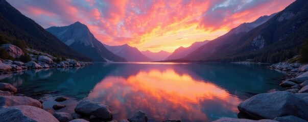 Jagged rocks surround a pristine lake, sunset hues, sunset, serene