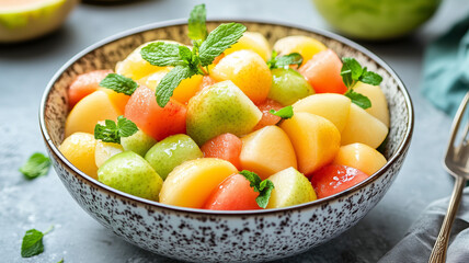 Fresh Pear and Melon Salad with Mint Leaves in a Modern Kitchen Setting