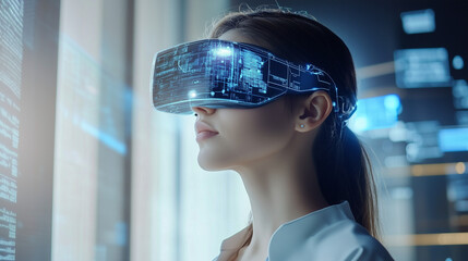 Female IT specialist learns to analyze code and data technology, cyber security, impact of artificial intelligence augmented reality, side profile, copy space. AI generation