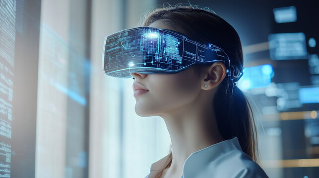 Female IT specialist learns to analyze code and data technology, cyber security, impact of artificial intelligence augmented reality, side profile, copy space. AI generation